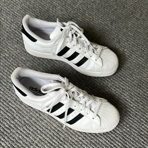 Adidas Superstar Sneakers, White with Black Stripes, Size 9.5